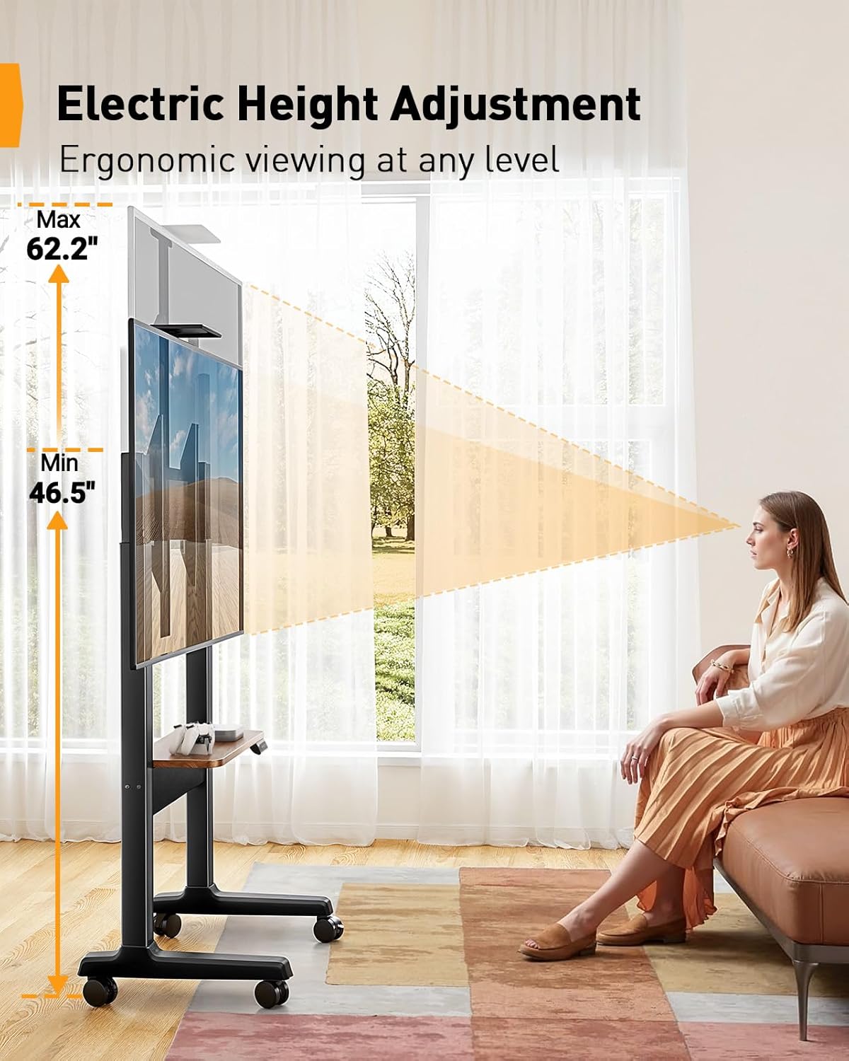 Motorized Mobile TV Stand on Wheels for 37–86 Inch TVs up to 154 lbs, Electric Height Adjustable Rolling TV Stand, VESA 200x200–600x400mm, Wooden Shelf & Panel, PGTVMC26B