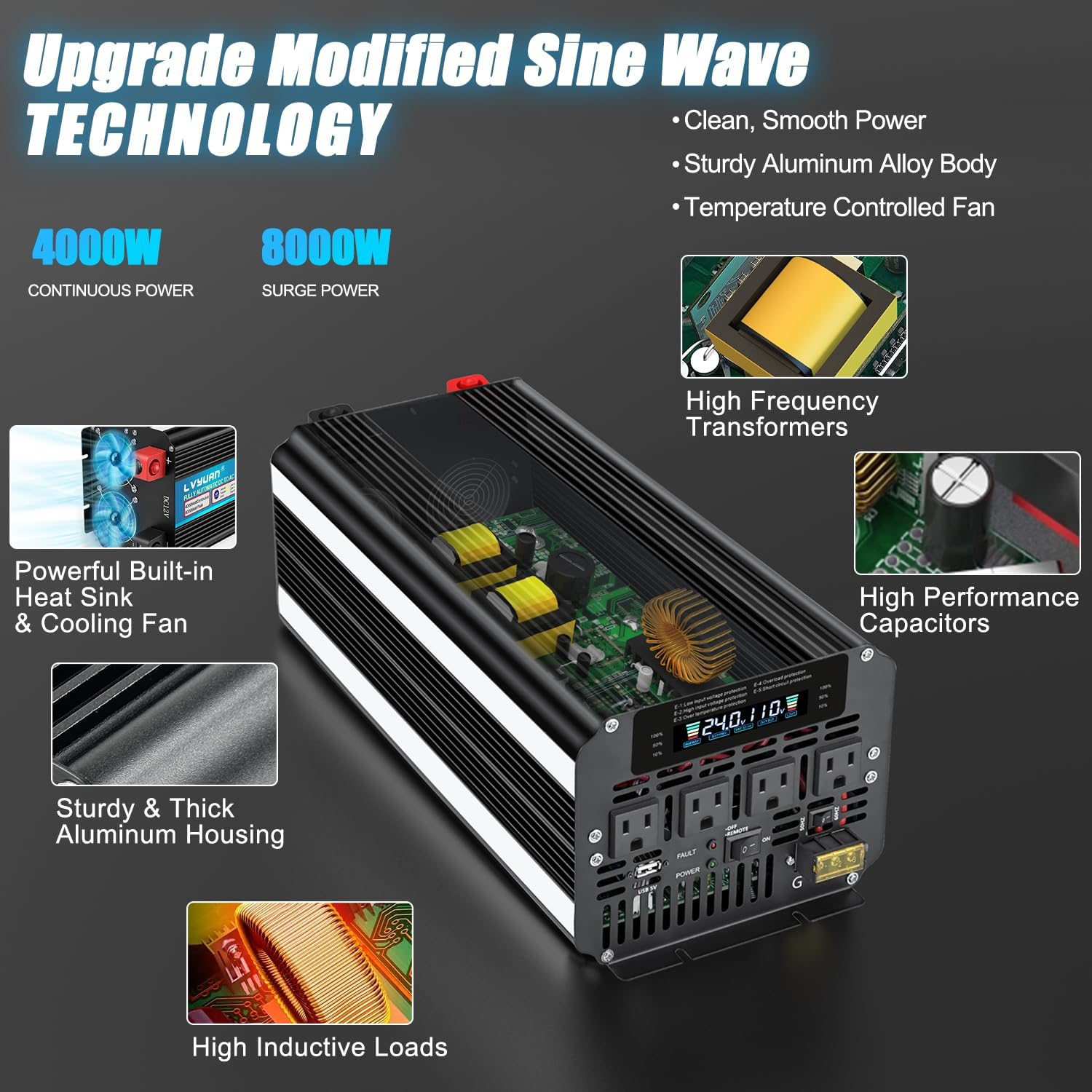 5000 Watt Power Inverter 12V to 110V 120V for Vehicle, Solar Inverter System, Heavy Duty, RV, Truck, Off Grid,Camping with 4 AC Outlets, LCD Display, Wireless Remote Control, Car Power Inverter