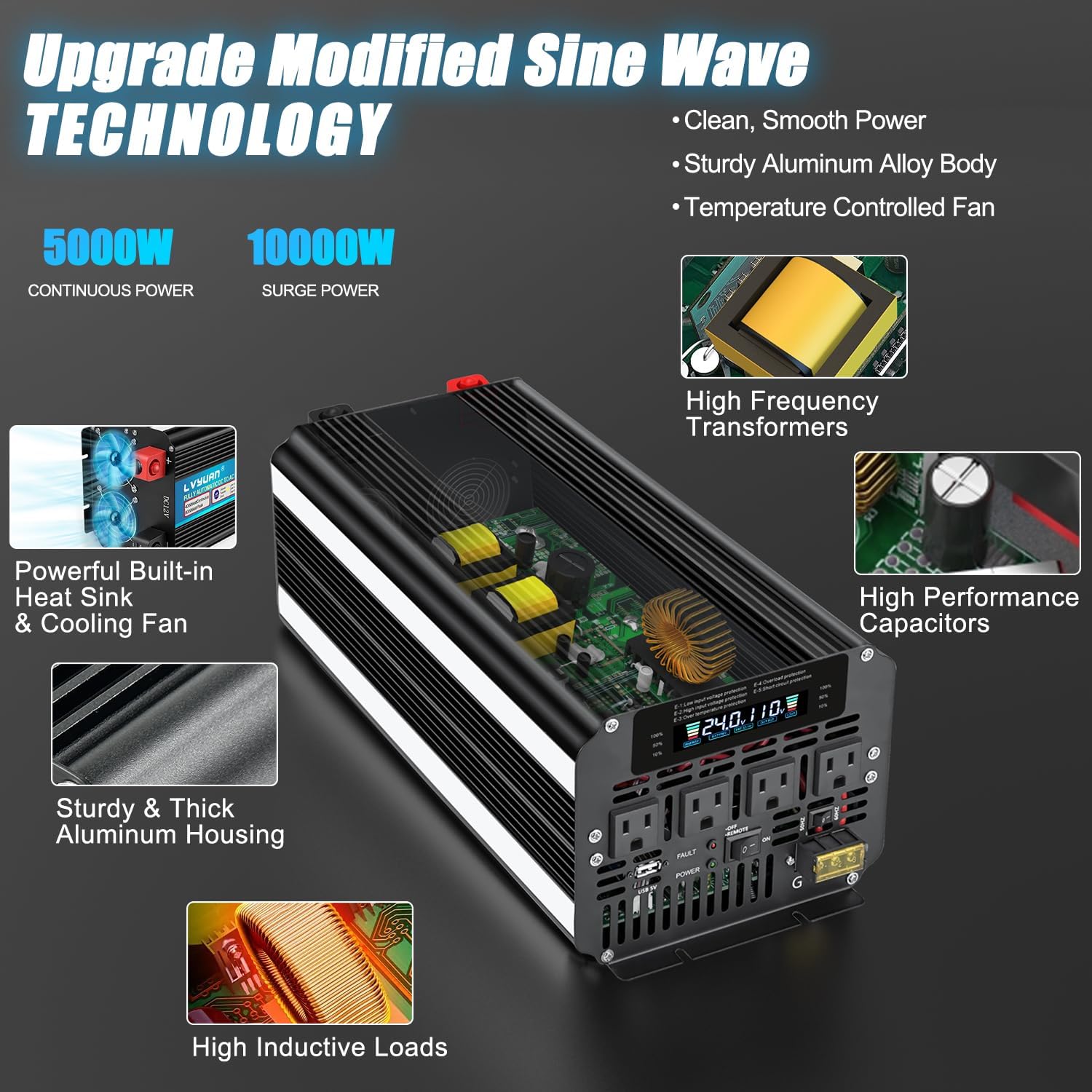 5000 Watt Power Inverter 12V to 110V 120V for Vehicle, Solar Inverter System, Heavy Duty, RV, Truck, Off Grid,Camping with 4 AC Outlets, LCD Display, Wireless Remote Control, Car Power Inverter