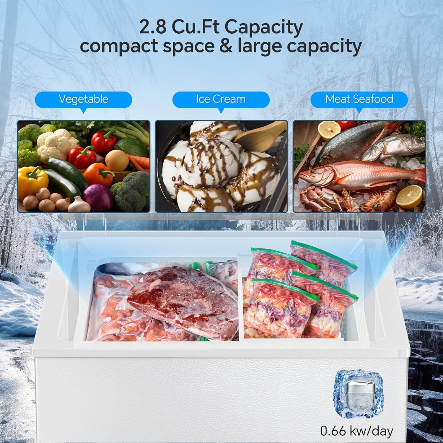 3.5 Cubic Feet Chest Freezer with 2 Removable Baskets Free Standing Top Open Door Compact Freezer with Adjustable Temperature for Home/Kitchen/Office/Bar (3.5 Cubic Feet, White)