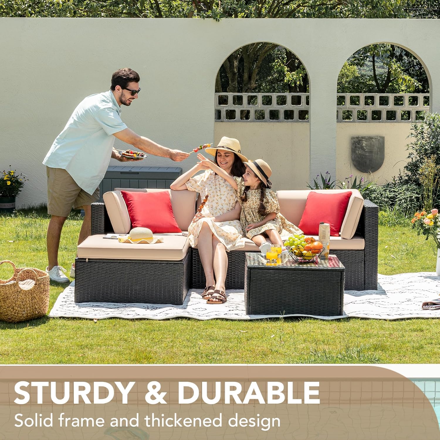 5 Pieces Patio Furniture Sets All Weather Outdoor Sectional Patio Sofa Manual Weaving Wicker Rattan Patio Seating Sofas with Cushion and Glass Table(Beige)