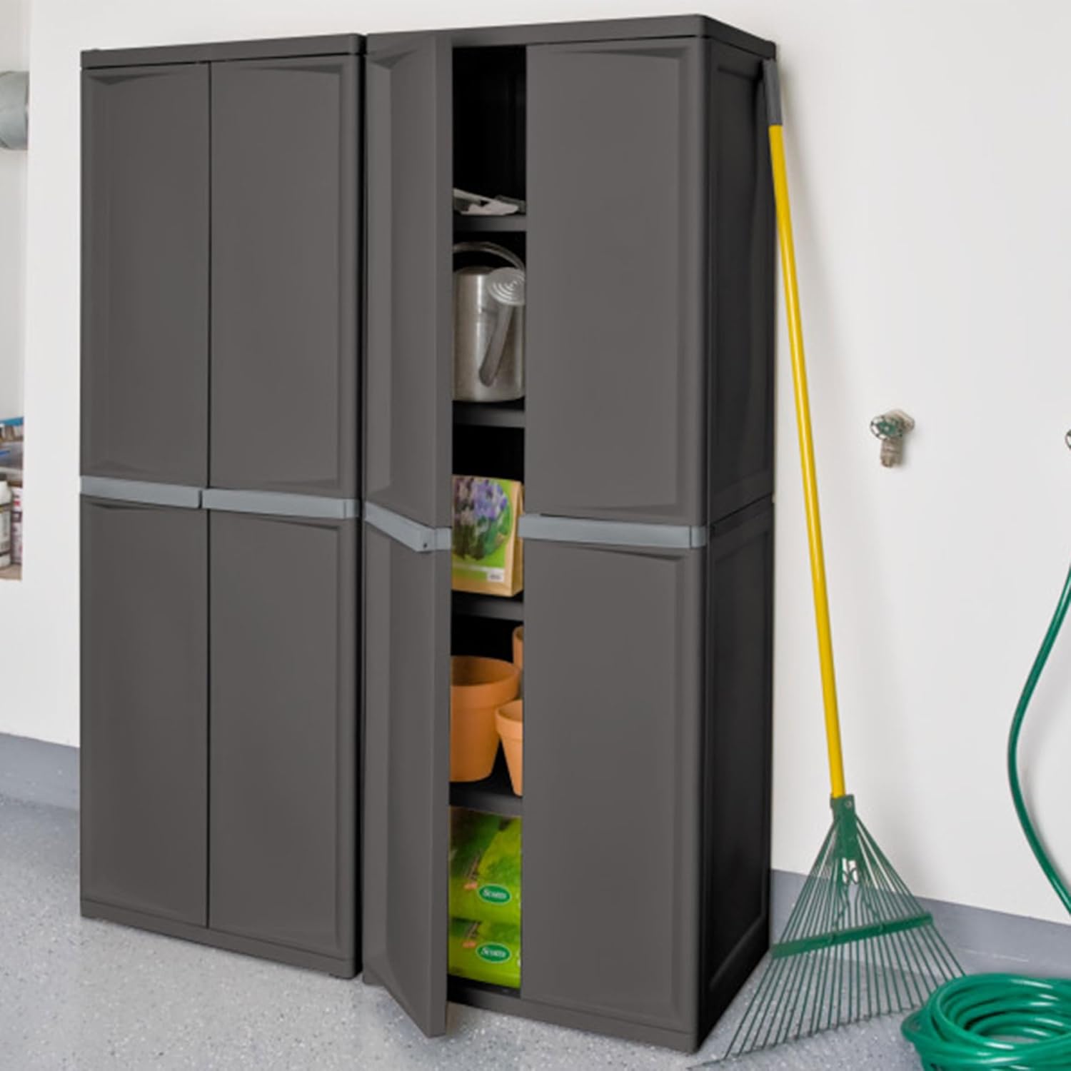 Storage Cabinet, Rugged Plastic Garage Organizer with Double Doors, 4 Adjustable Shelves, Gray