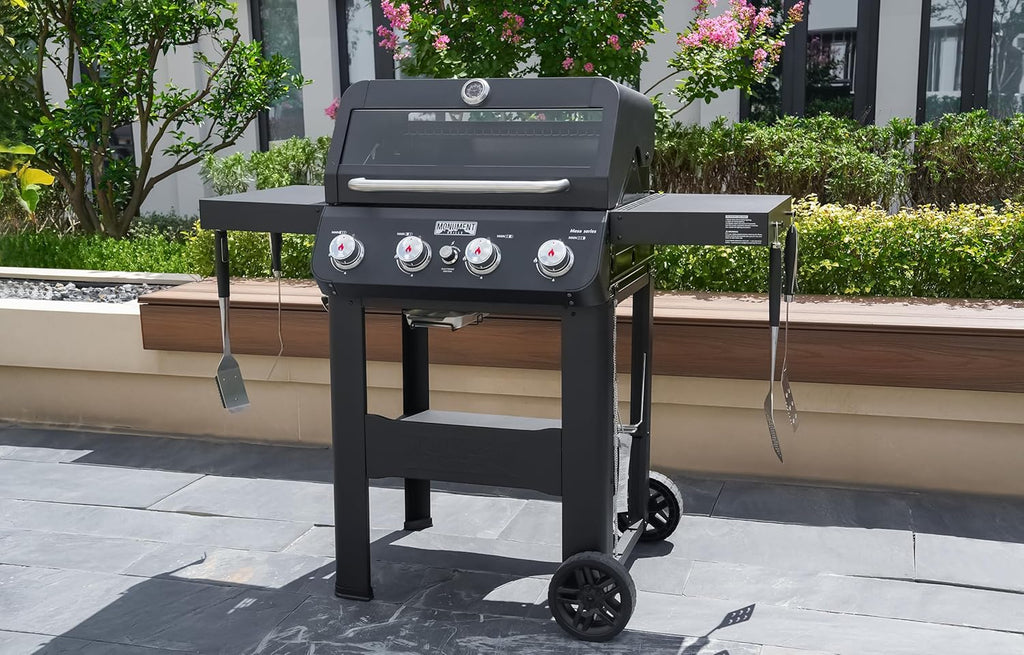 Grills 4-Burner Liquid Propane Gas Grill, Silver Stainless Steel Grill Outdoor Patio Garden Barbecue Grill with Clearview® Lid and One Foldable Shelf, Mesa400MF