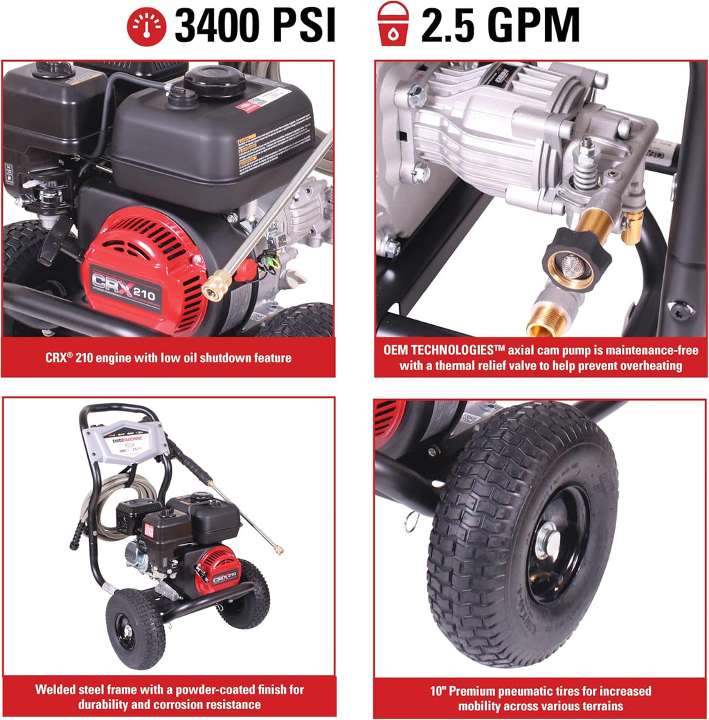 Cleaning CM61083 Clean Machine 3400 PSI Gas Pressure Washer, 2.5 GPM, CRX Engine, Includes Spray Gun and Wand, 4 QC Nozzle Tips, 5/16-in. x 25-ft. MorFlex Hose.