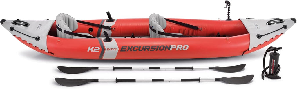 68309EP Excursion Pro K2 Inflatable Kayak Set: Includes Deluxe 86in Kayak Paddles and High-Output Pump – SuperTough PVC – Adjustable Bucket Seat – 2-Person – 400lb Weight Capacity