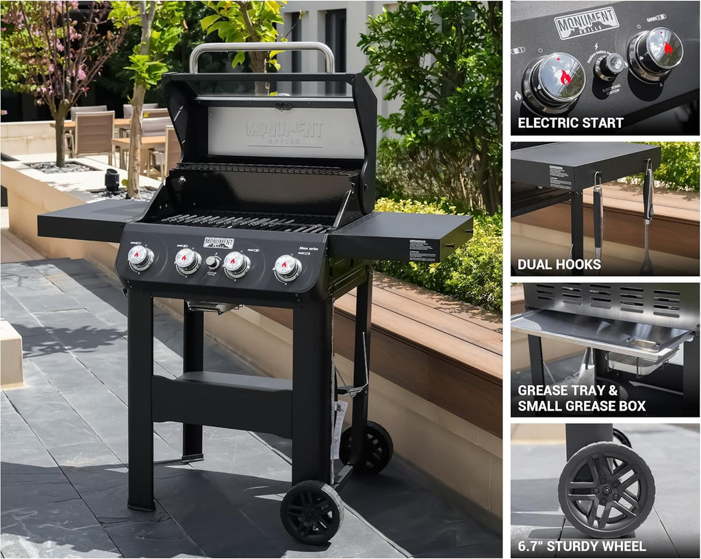 Grills 4-Burner Liquid Propane Gas Grill, Silver Stainless Steel Grill Outdoor Patio Garden Barbecue Grill with Clearview® Lid and One Foldable Shelf, Mesa400MF