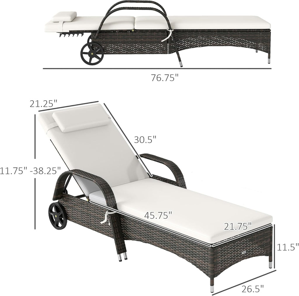 Wicker Outdoor Chaise Lounge, 5-Level Adjustable Backrest PE Rattan Pool Lounge Chair with Wheels, Cushion & Headrest, Brown and Dark Blue