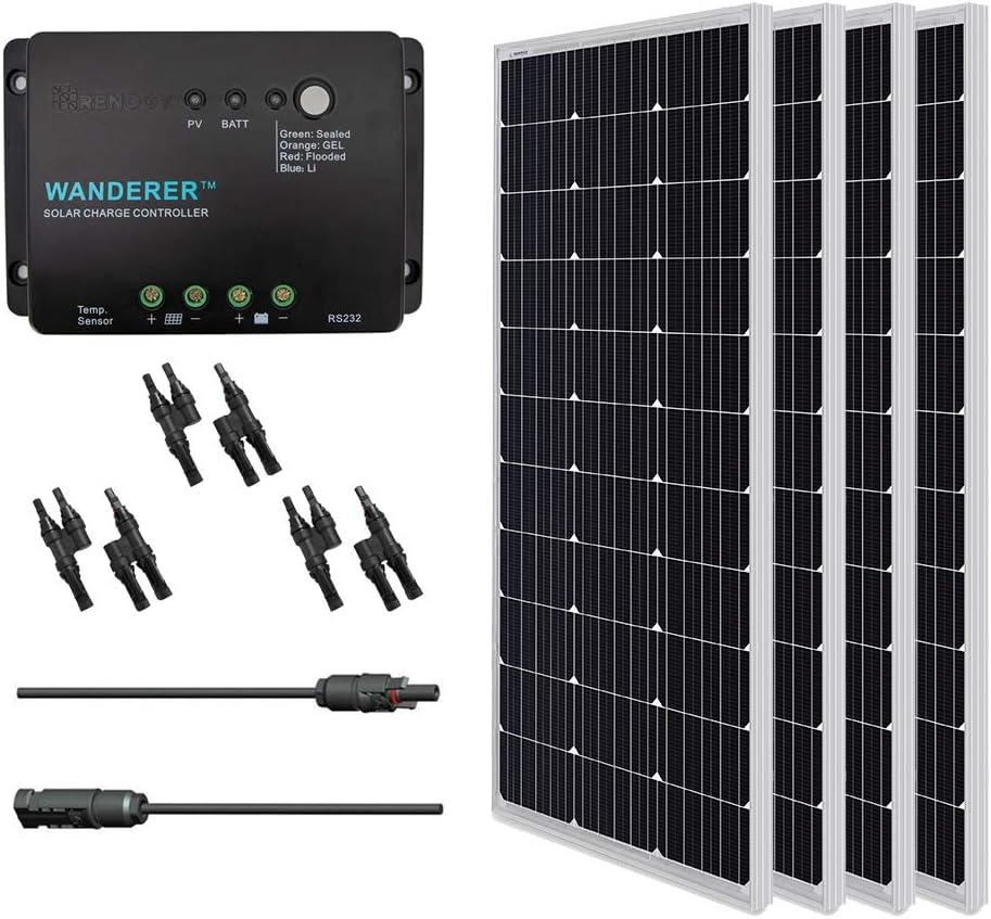 400 Watt 12 Volt Premium 4 Pcs 100W Panel+40A MPPT Charge Controller+ Bluetooth Module Fuse+ Mounting Z Brackets+Adaptor Kit +Tray Cables Set, 400W, Grid 12V Solar Power System