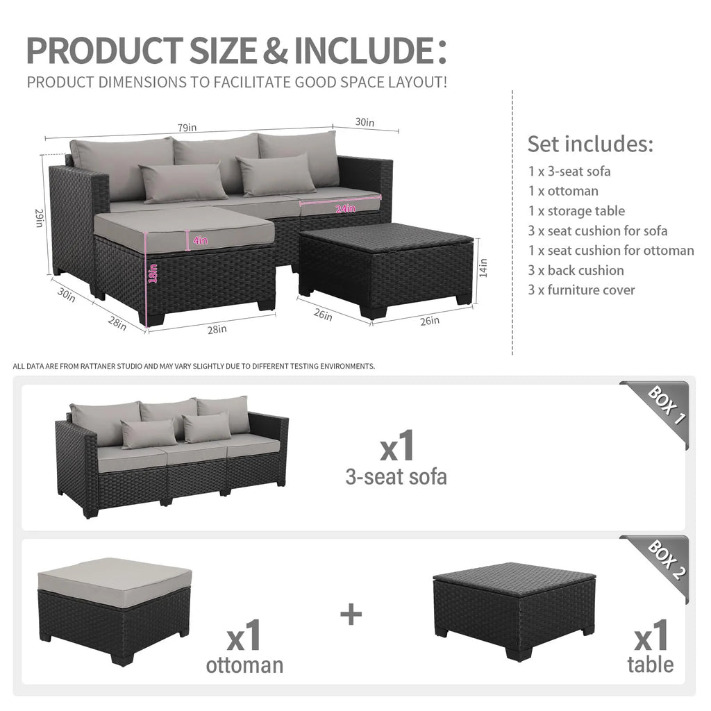 3 Pieces Patio Furniture Set with Ottoman and Outdoor Storage Table