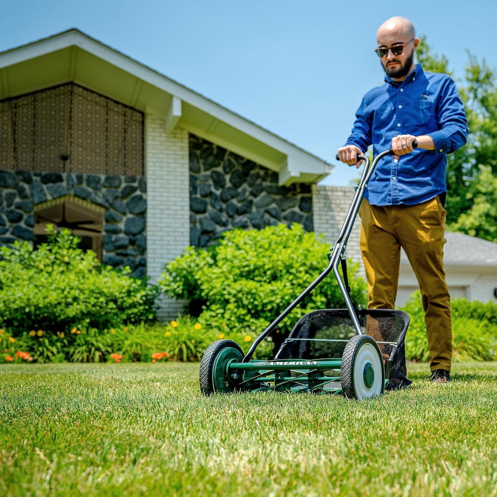 Mower Company 1725-16GC 16-inch 7-blade reel mower with grass debris collection device, designed specifically for lawns, green model