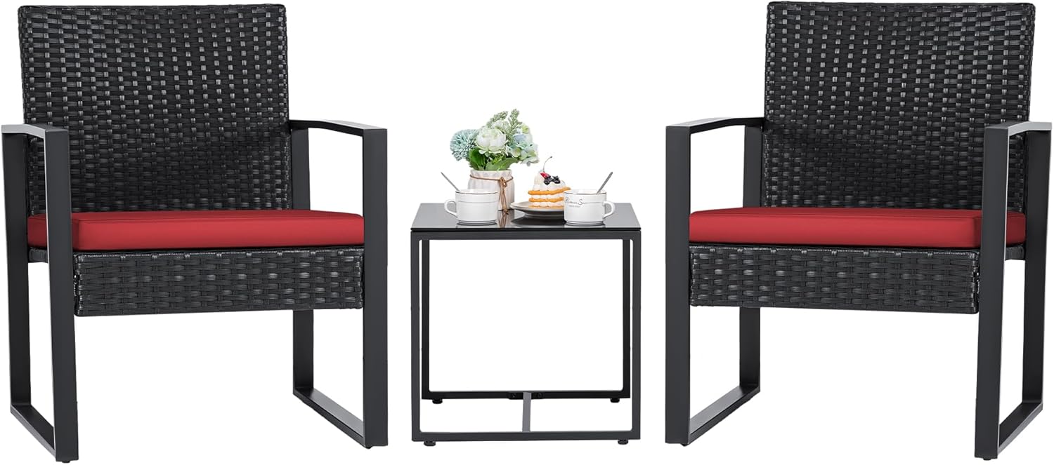 3 Pieces Patio Set Outdoor Wicker Furniture Sets Modern Rattan Chair Conversation Sets with Coffee Table for Yard and Bistro (Black)