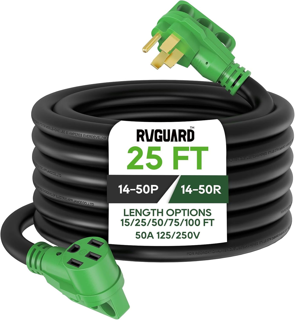 50 Amp 50 Foot RV/EV Extension Cord, NEMA 14-50P/R Heavy Duty Extension Cord with LED Power Indicator and Cord Organizer, Green, ETL Listed