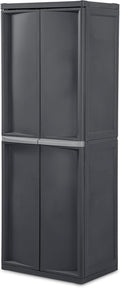 Storage Cabinet, Rugged Plastic Garage Organizer with Double Doors, 4 Adjustable Shelves, Gray