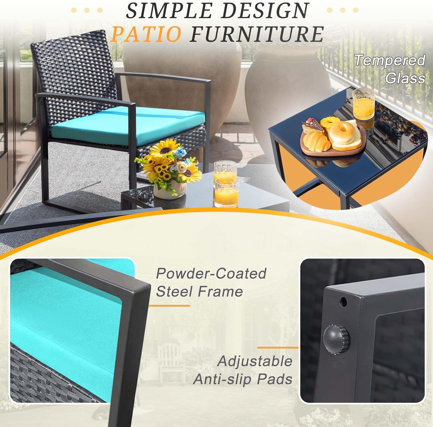 3 Pieces Patio Set Outdoor Wicker Furniture Sets Modern Rattan Chair Conversation Sets with Coffee Table for Yard and Bistro (Black)