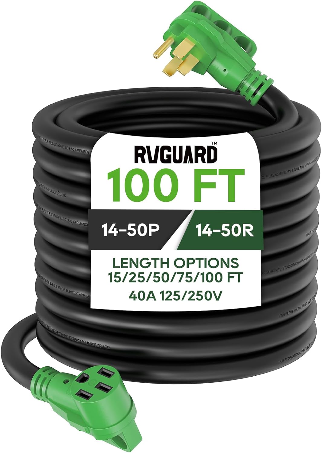 50 Amp 50 Foot RV/EV Extension Cord, NEMA 14-50P/R Heavy Duty Extension Cord with LED Power Indicator and Cord Organizer, Green, ETL Listed