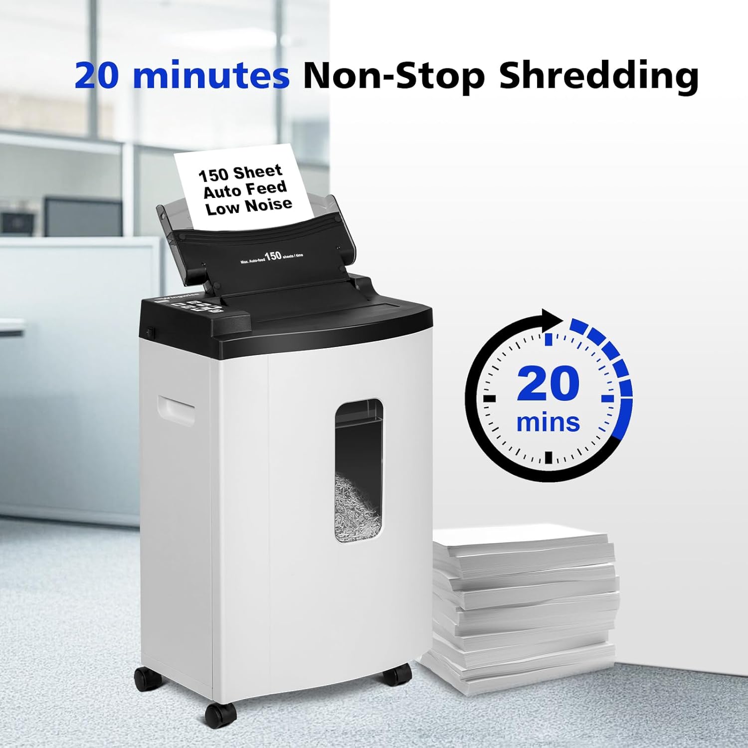 150 Sheet Auto-Feed Micro Cut Paper Shredder for Home Office Use, P-5 Super High Security (5/64 x 19/32 inches), Large 6-Gallon Bin, 20-Min Continuous Run, 55dB Ultra-Quiet, White