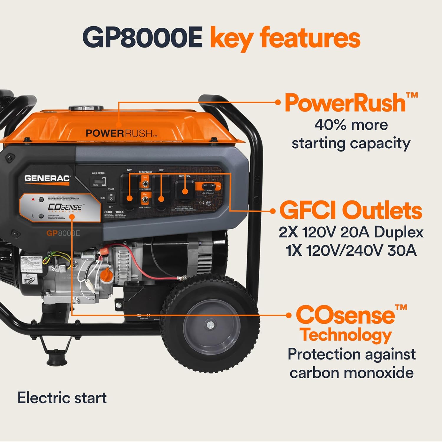 8,000-Watt Gas-Powered Portable Generator - Electric Start with COsense - PowerRush Advanced Technology - Reliable Power for Emergencies, Recreation, Home - 49 State Compliant - Orange/Black