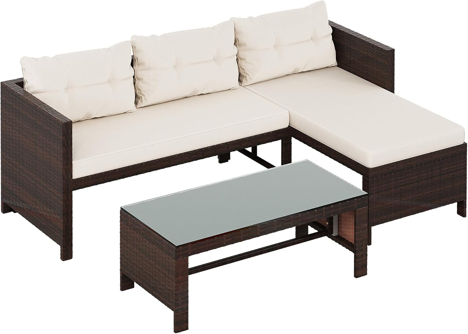 Outdoor Patio Furniture Sets, Wicker Patio sectional Sets 3-Piece, All Weather Wicker Rattan Patio Seating Sofas with Glass Coffee Table and Cushion (Beige)