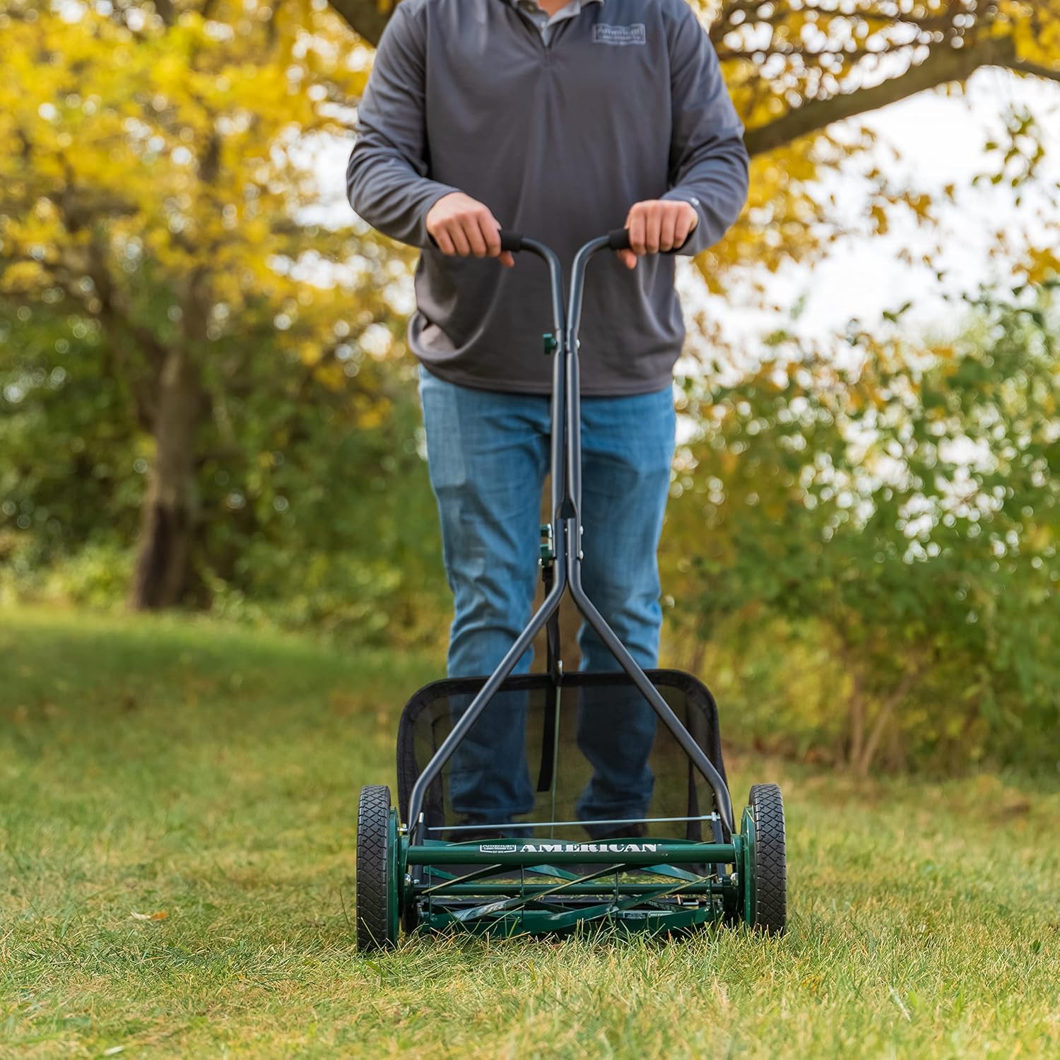 Mower Company 1725-16GC 16-inch 7-blade reel mower with grass debris collection device, designed specifically for lawns, green model