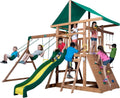 Cedar Wood Swing Set with Wave Slide, Play Deck, Double Rock Wall, Rope Ladder, Web Swing, Belt Swings, Toy Telescope, Steering Wheel, Sandbox Area, Outdoor Playset