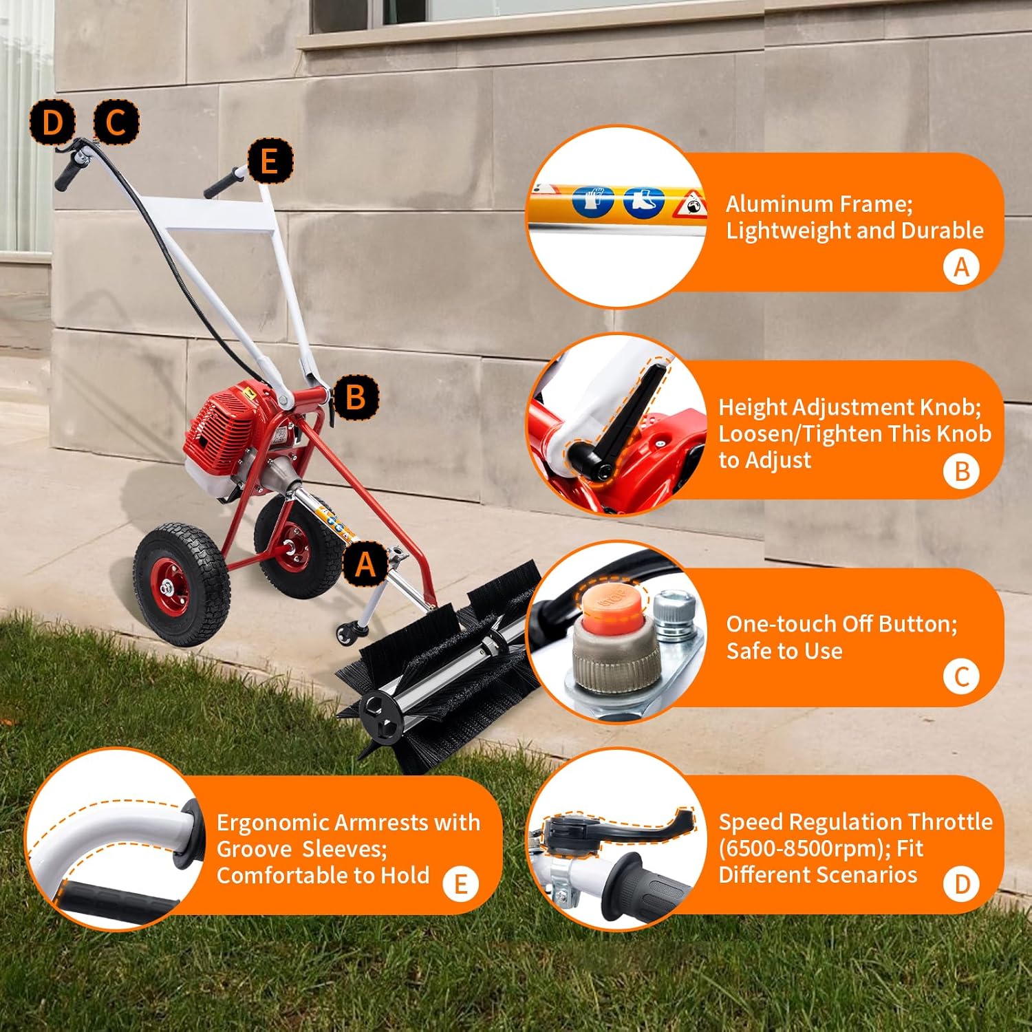 43cc 1.7HP Gas Powered Broom, 2 Stroke Power Sweeper Handheld Gasoline Power Broom Sweeping Machine for Garden Lawn Yard Sidewalk Driveway Turf Grass Cleaning, 600mm Nylon Brush Sweeping broom