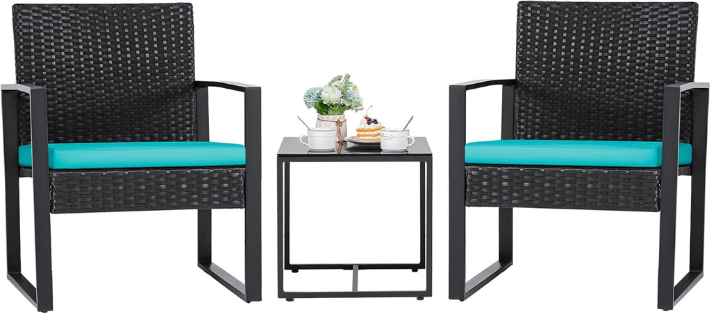 3 Pieces Patio Set Outdoor Wicker Furniture Sets Modern Rattan Chair Conversation Sets with Coffee Table for Yard and Bistro (Black)