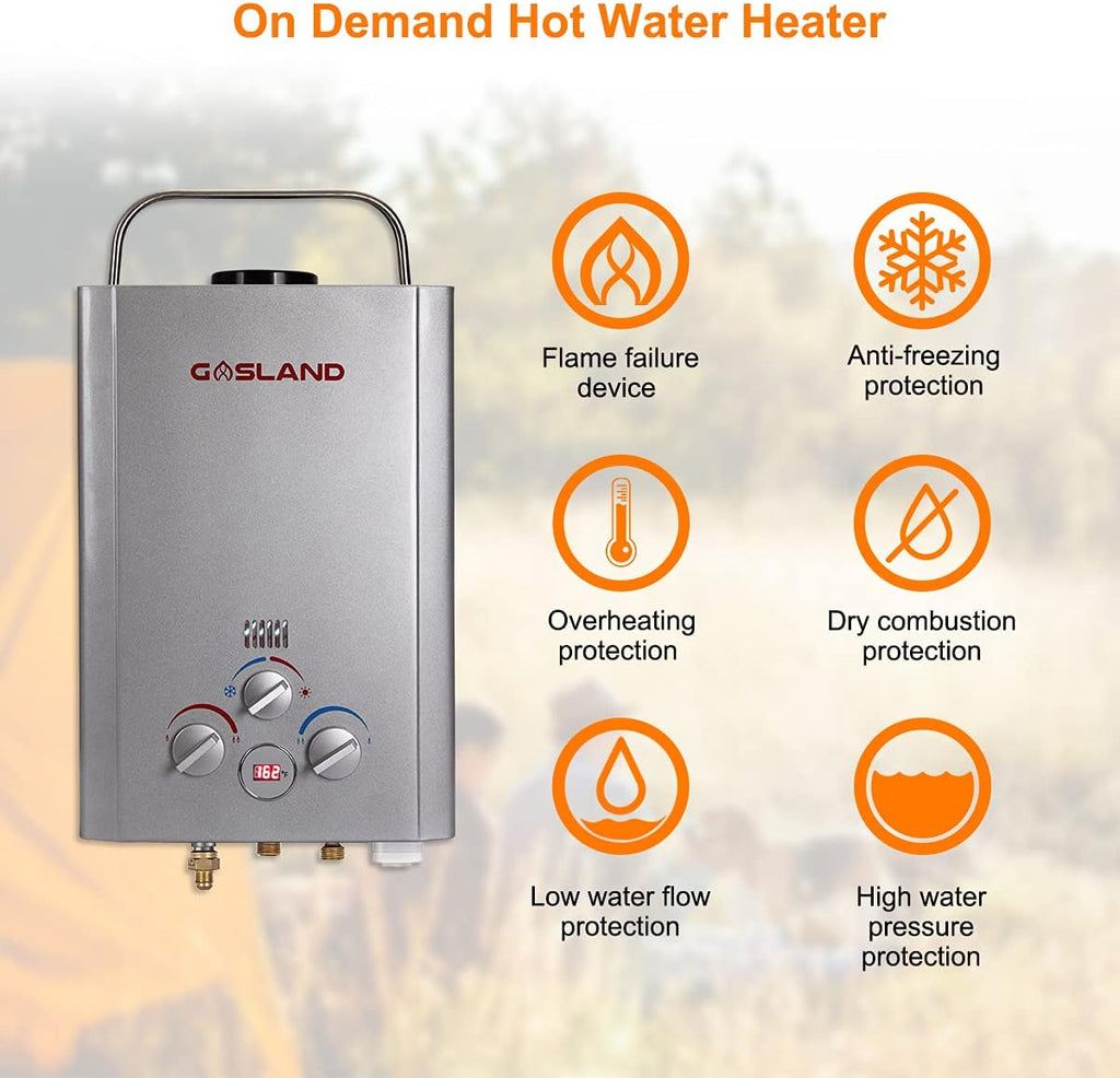 Portable Tankless Water Heater, Outdoors 6L 1.58GPM Propane Water Heater for RV Camping, Overheating Protection