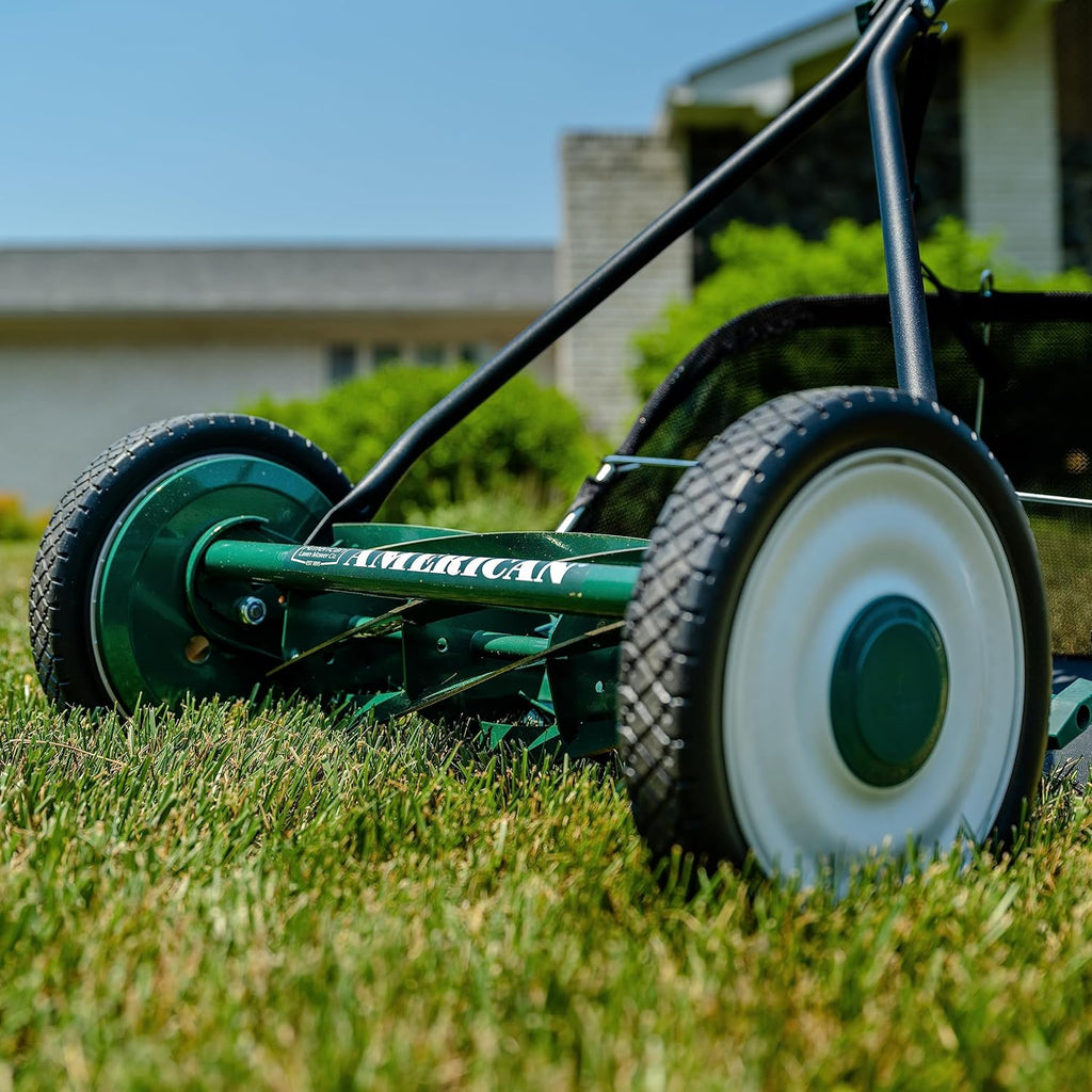 Mower Company 1725-16GC 16-inch 7-blade reel mower with grass debris collection device, designed specifically for lawns, green model