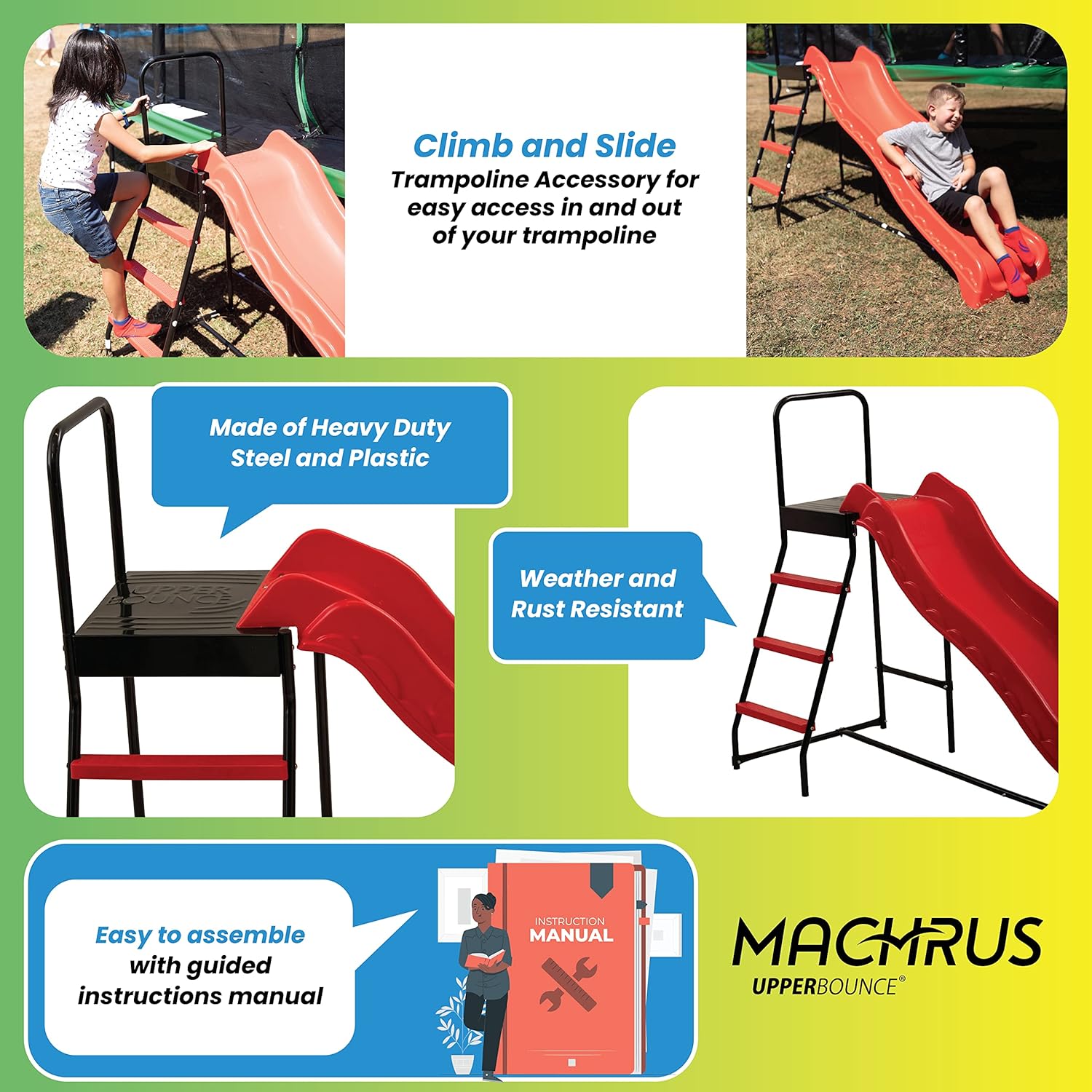 Trampoline Step N Slide | Fun Indoor & Outdoor Ladder and Wave Slide Set – Perfect for Round or Rectangle Trampolines with or Without Net