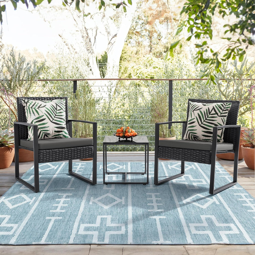 3 Pieces Patio Set Outdoor Wicker Furniture Sets Modern Rattan Chair Conversation Sets with Coffee Table for Yard and Bistro (Black)