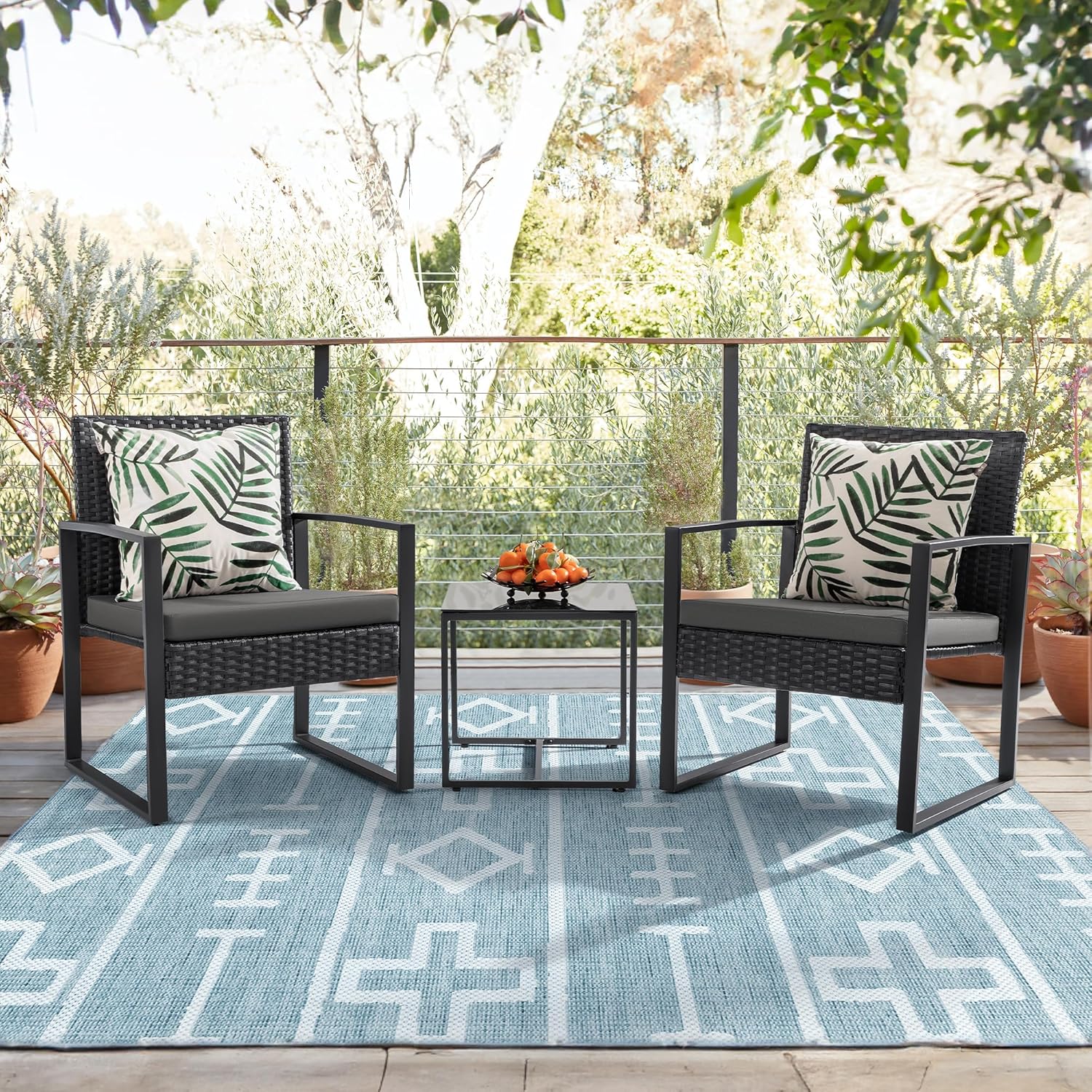 3 Pieces Patio Set Outdoor Wicker Furniture Sets Modern Rattan Chair Conversation Sets with Coffee Table for Yard and Bistro (Black)