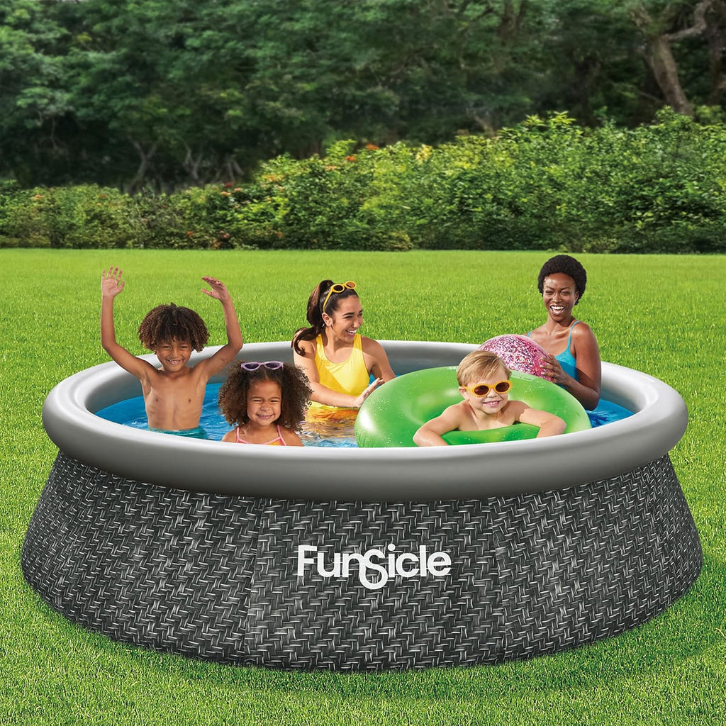 12 Foot by 36 Inch Quickset Round Inflatable Ring Top Outdoor Above Ground Swimming Pool Set with Pump and Cartridge Filter, Dark Herringbone