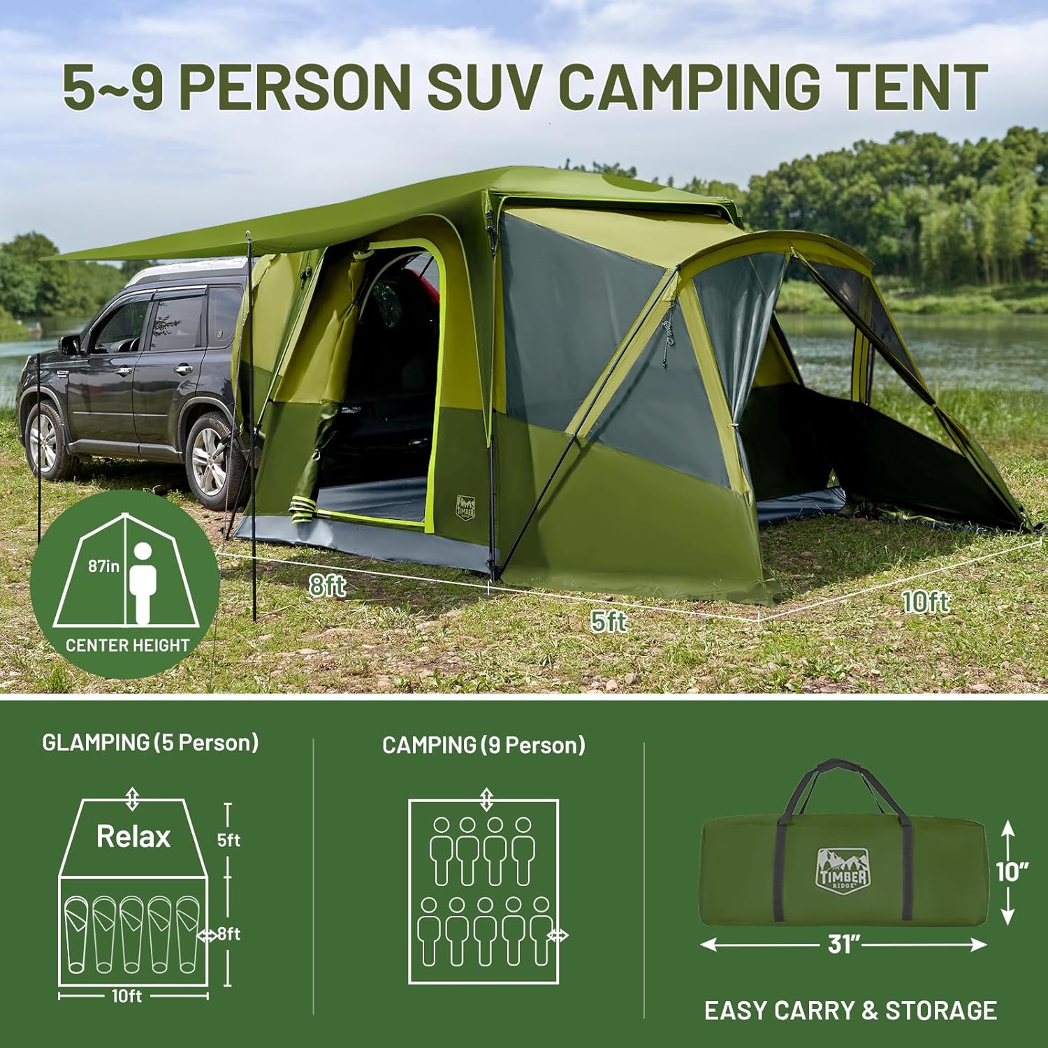 5-9 Person SUV Tent with Screen Porch and Awning for Family Camping, Weather Resistant and Portable Van or Car Tent, Includes Rainfly and Storage Bag, 13' W X 10' L X 7.1' H