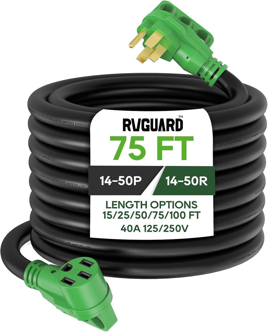 50 Amp 50 Foot RV/EV Extension Cord, NEMA 14-50P/R Heavy Duty Extension Cord with LED Power Indicator and Cord Organizer, Green, ETL Listed