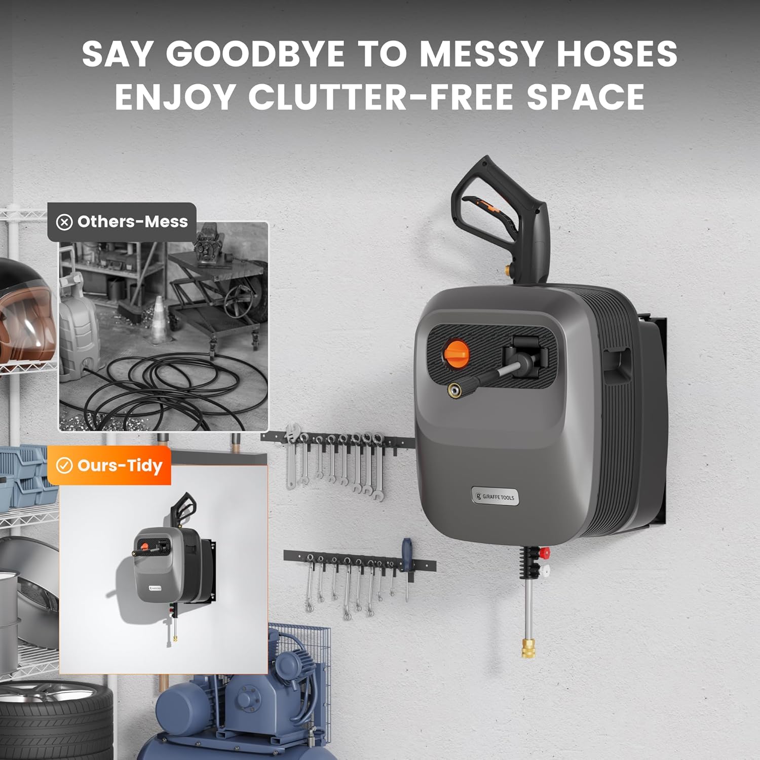 Pressure Washer G20 Pro, 2500 PSI 2.2 GPM, 180° Wall Mounted Power Washer, Auto-retract with 65FT Hose Reel, 5 Nozzles for Floor/Cars/Fences/Patios, Dark Silver