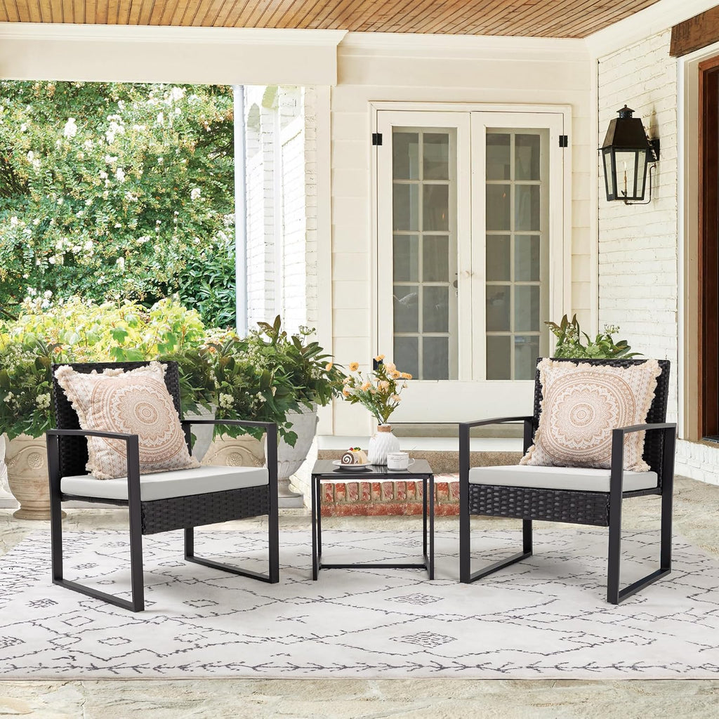 3 Pieces Patio Set Outdoor Wicker Furniture Sets Modern Rattan Chair Conversation Sets with Coffee Table for Yard and Bistro (Black)