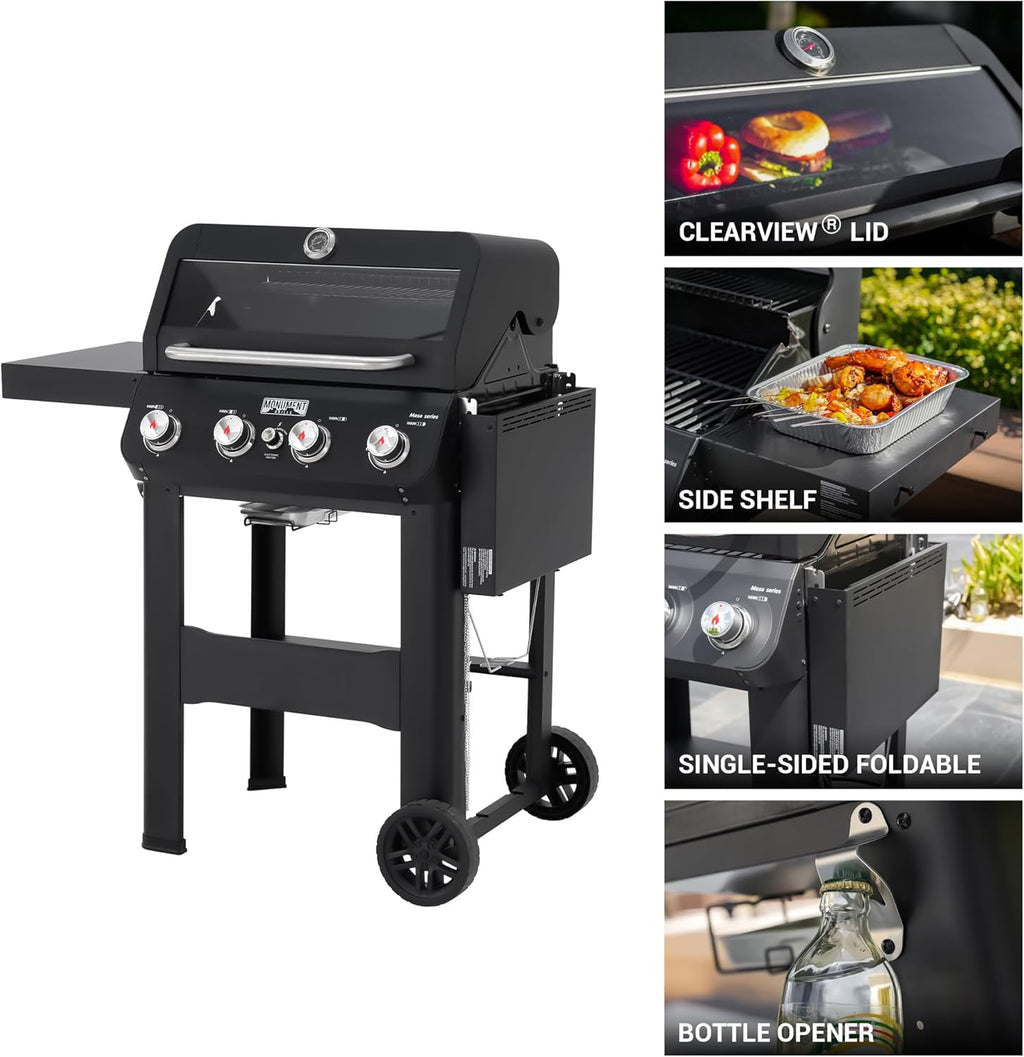 Grills 4-Burner Liquid Propane Gas Grill, Silver Stainless Steel Grill Outdoor Patio Garden Barbecue Grill with Clearview® Lid and One Foldable Shelf, Mesa400MF