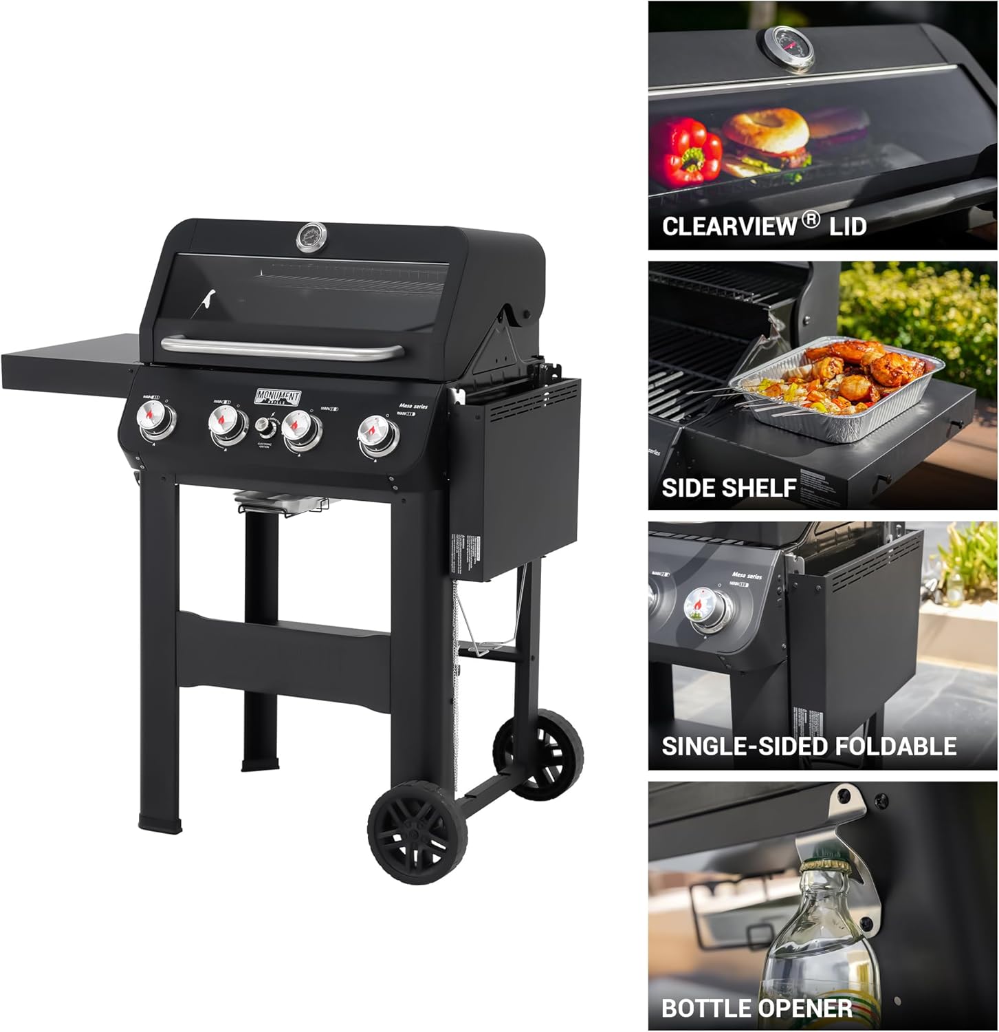 Grills 4-Burner Liquid Propane Gas Grill, Silver Stainless Steel Grill Outdoor Patio Garden Barbecue Grill with Clearview® Lid and One Foldable Shelf, Mesa400MF