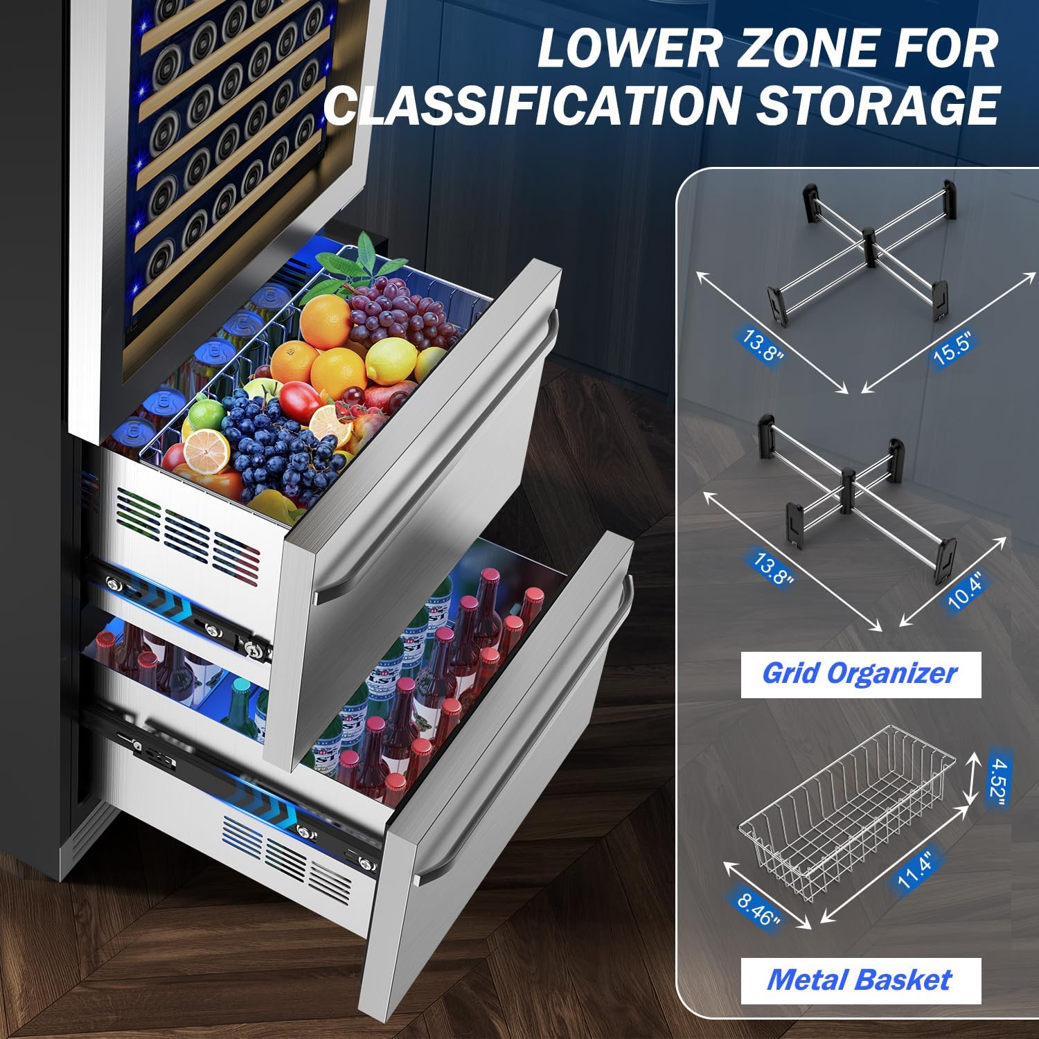 24 Inch Dual Drawer Fridge Under Counter with Wheels, Outdoor Beverage Refrigerator for Patio, Stainless Steel Weather-Proof, Freestanding or Built-In Installation, Ideal for Home and Commercial Use