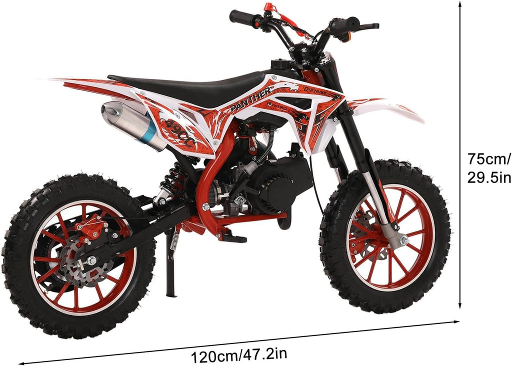 49cc Kids Dirt Bike, Gas Powered 2-Stroke Mini Motocross Motorcycle, Off-Road Dirtbike for Kids 8-14 with Front/Rear Disc Brakes, Shock Absorption, Soft Seat Cushion