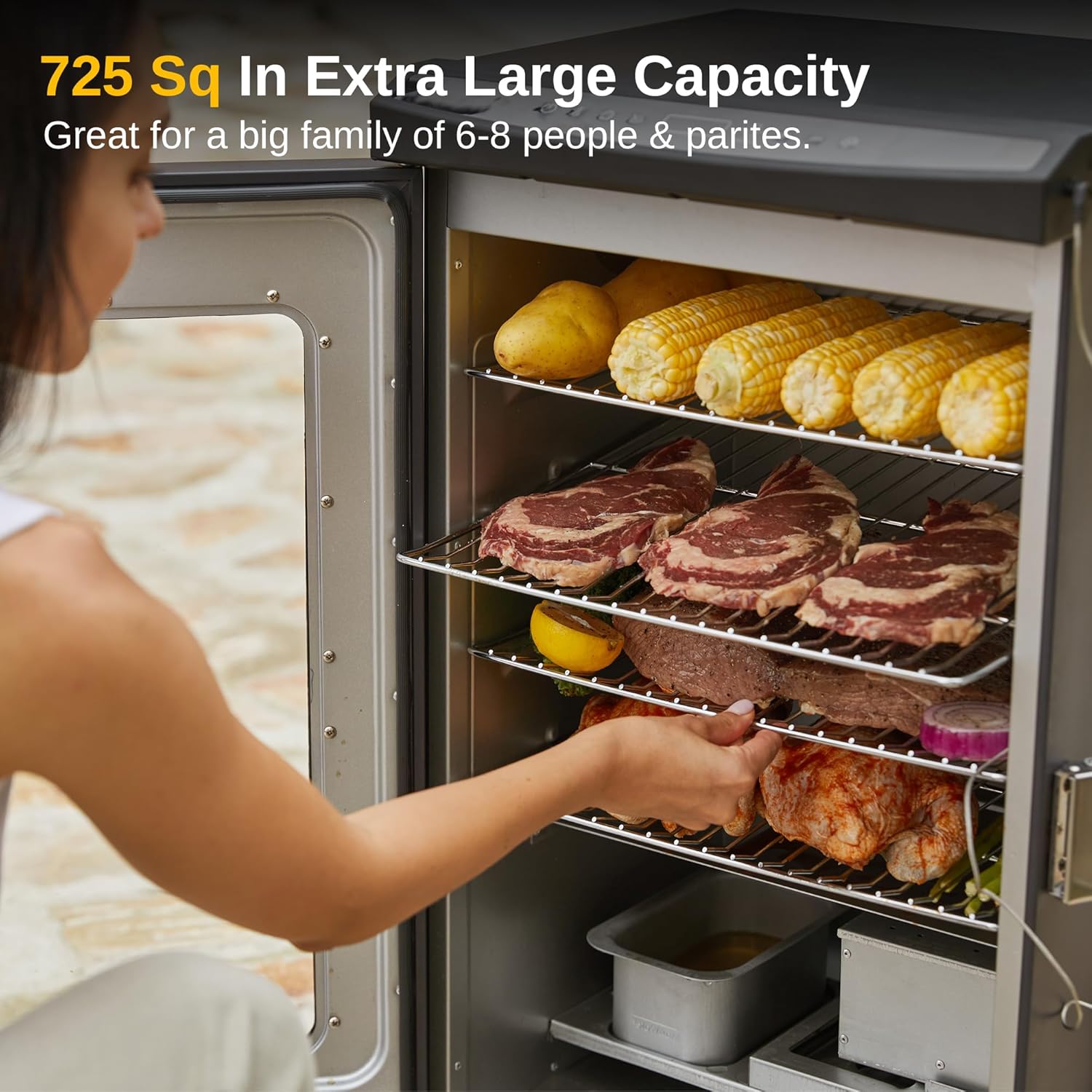 30" Electric Smoker, Outdoor Smoker with Glass Door & Meat Thermometer, 725 Sq Inch Large Capacity, 4 Detachable Racks for Backyard BBQ, Party, Outdoor Cooking Night Blue